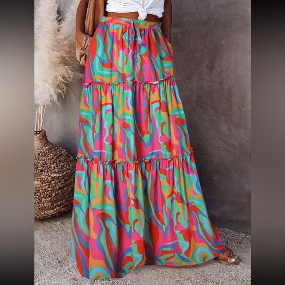 Boho Abstract Geo Color Block Print Pockets Maxi Skirt - Picture 3 of 3